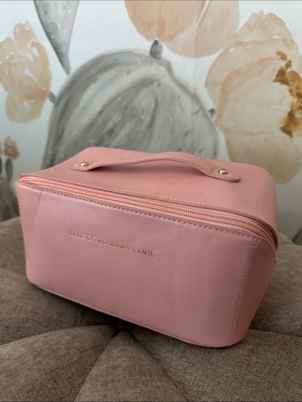 Rose Pink Top-Handle Cosmetic Case with Gold Logo Detail